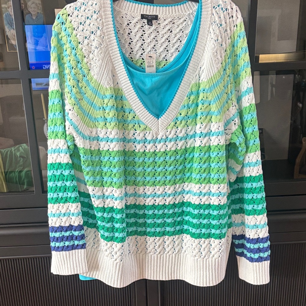Talbots Green, Teal & White Striped Open-Knit V-Neck Sweater